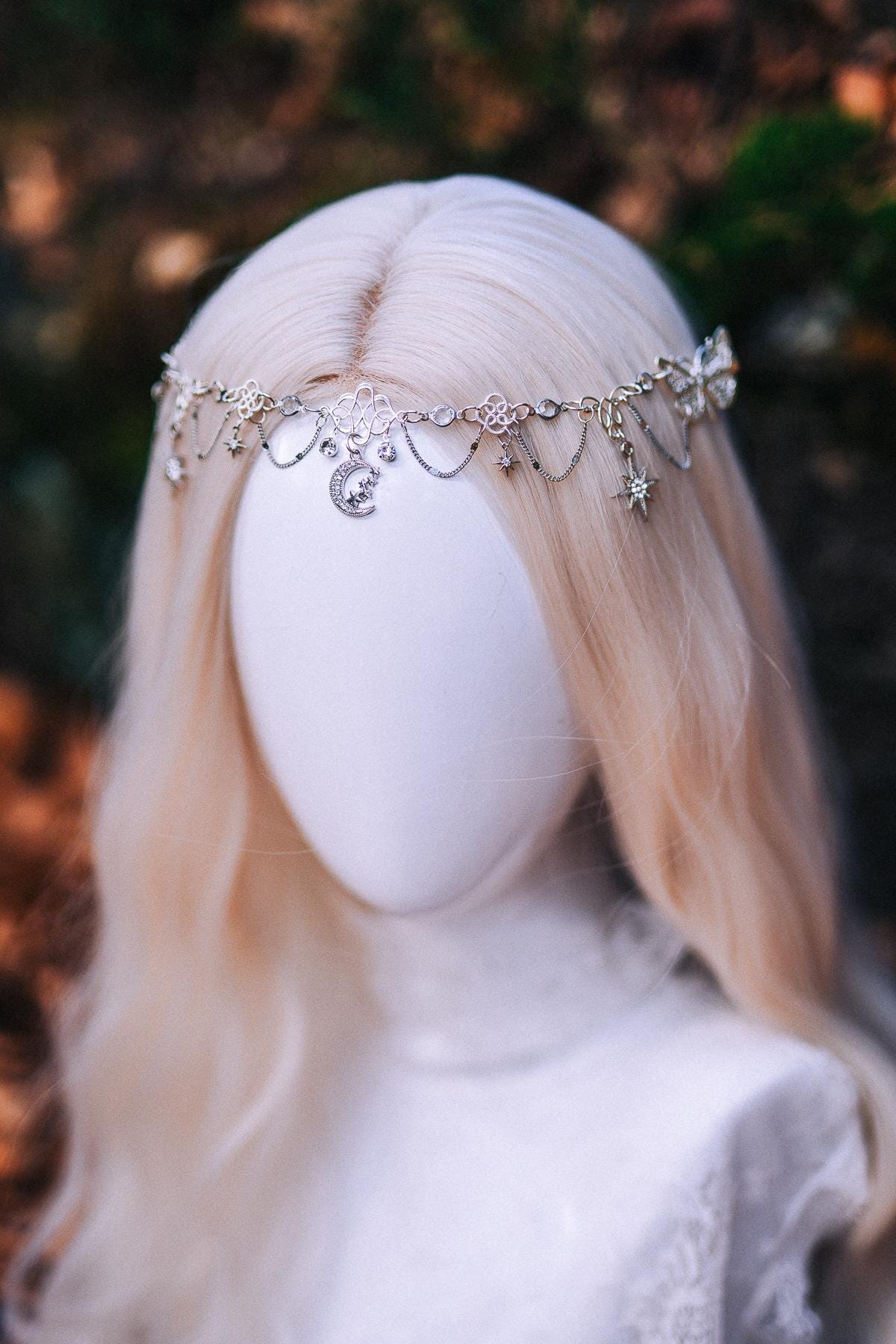 Silver Celestial Head Chain Moon Crown Bridal Headpiece Elf Wedding Hair Jewelry Goddess Headpiece