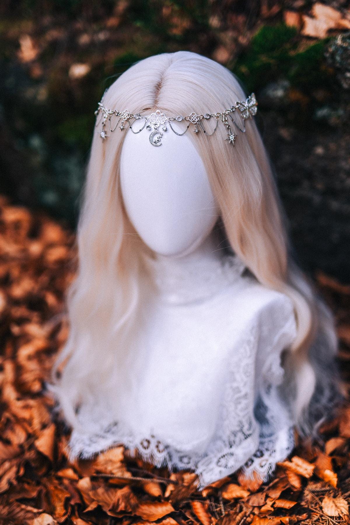 Silver Celestial Head Chain Moon Crown Bridal Headpiece Elf Wedding Hair Jewelry Goddess Headpiece