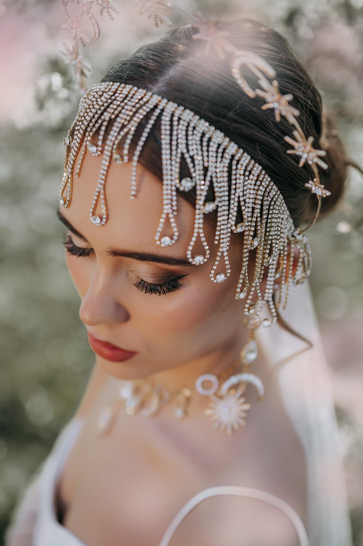 Gold Celestial Earrings Bridal Crystal Drop Goddess Jewelry