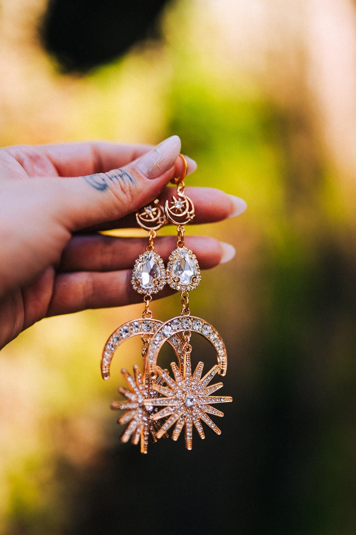 Gold Celestial Earrings Bridal Crystal Drop Goddess Jewelry