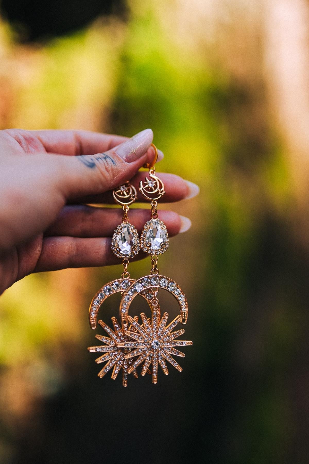 Gold Celestial Earrings Bridal Crystal Drop Goddess Jewelry
