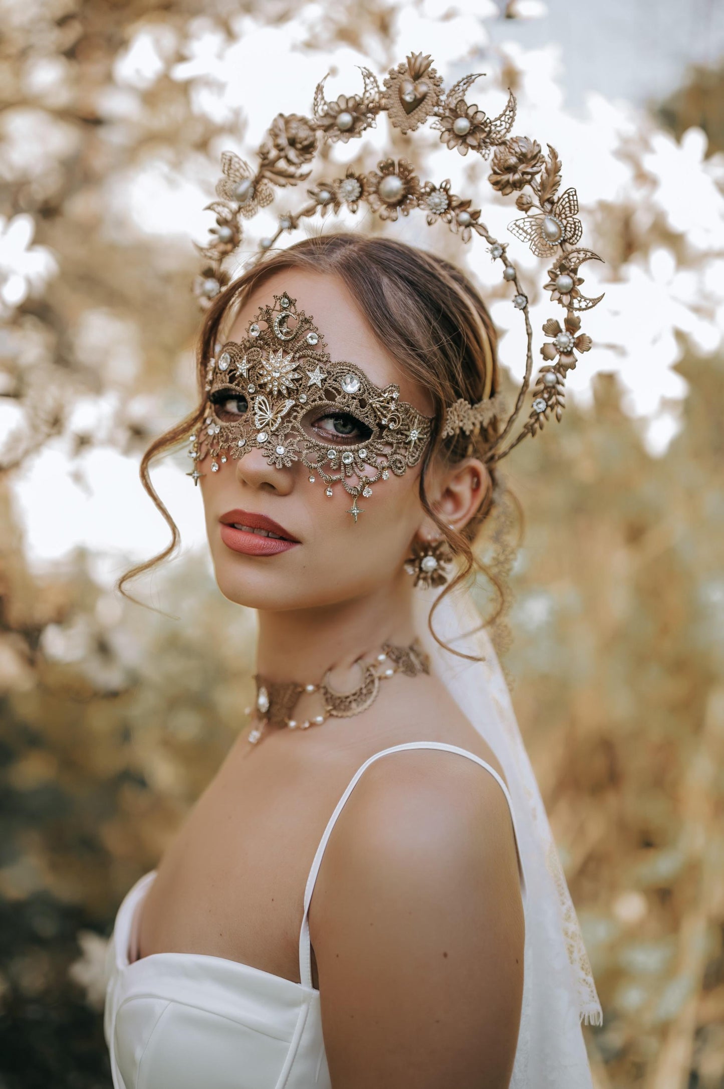 Gold Bridal Necklace Pearl Wedding Necklace Masquerade Style