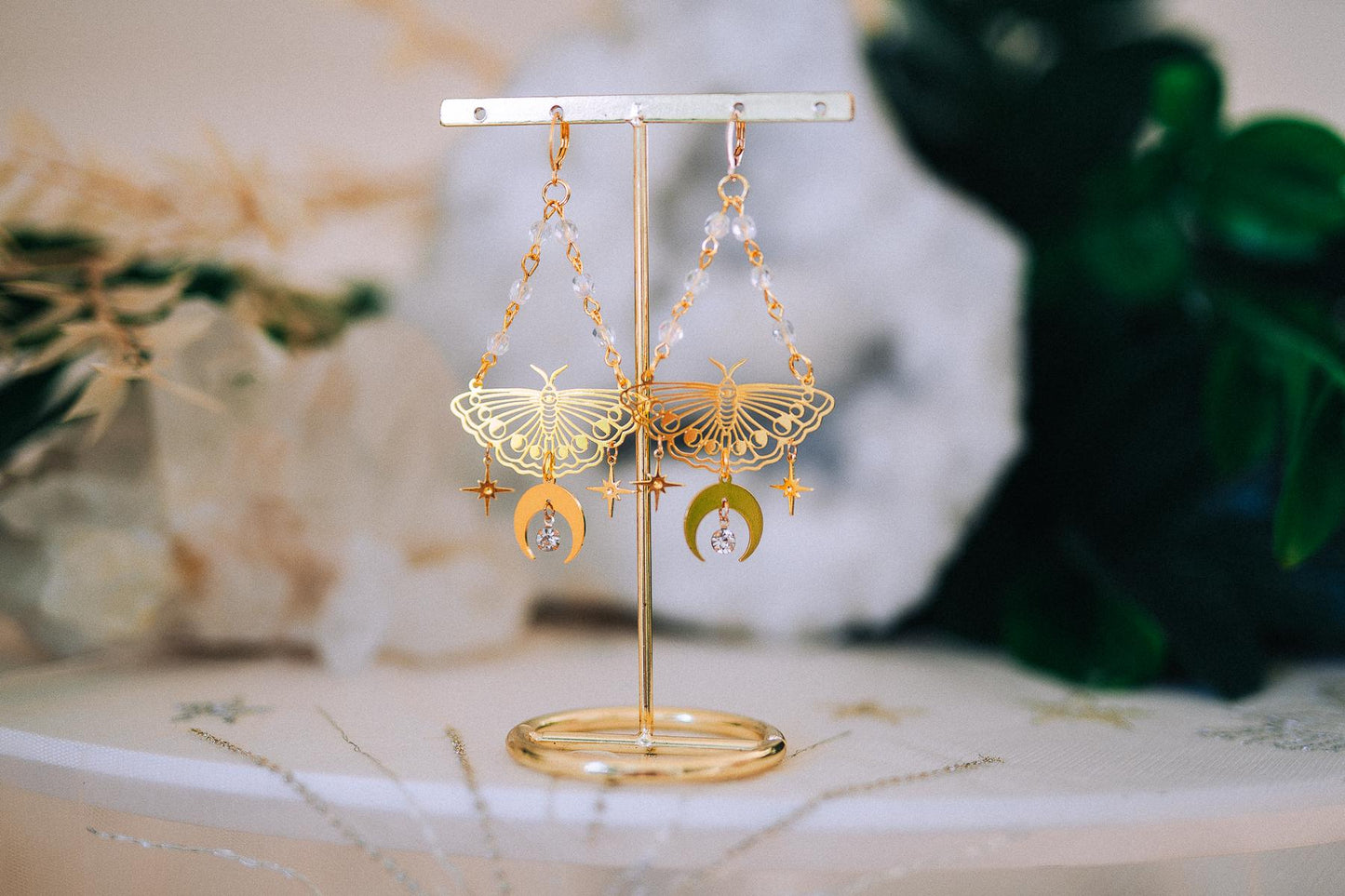 Gold Moth Earrings Celestial Moon Star Earrings Crystal Dangle Earrings Statement Jewelry