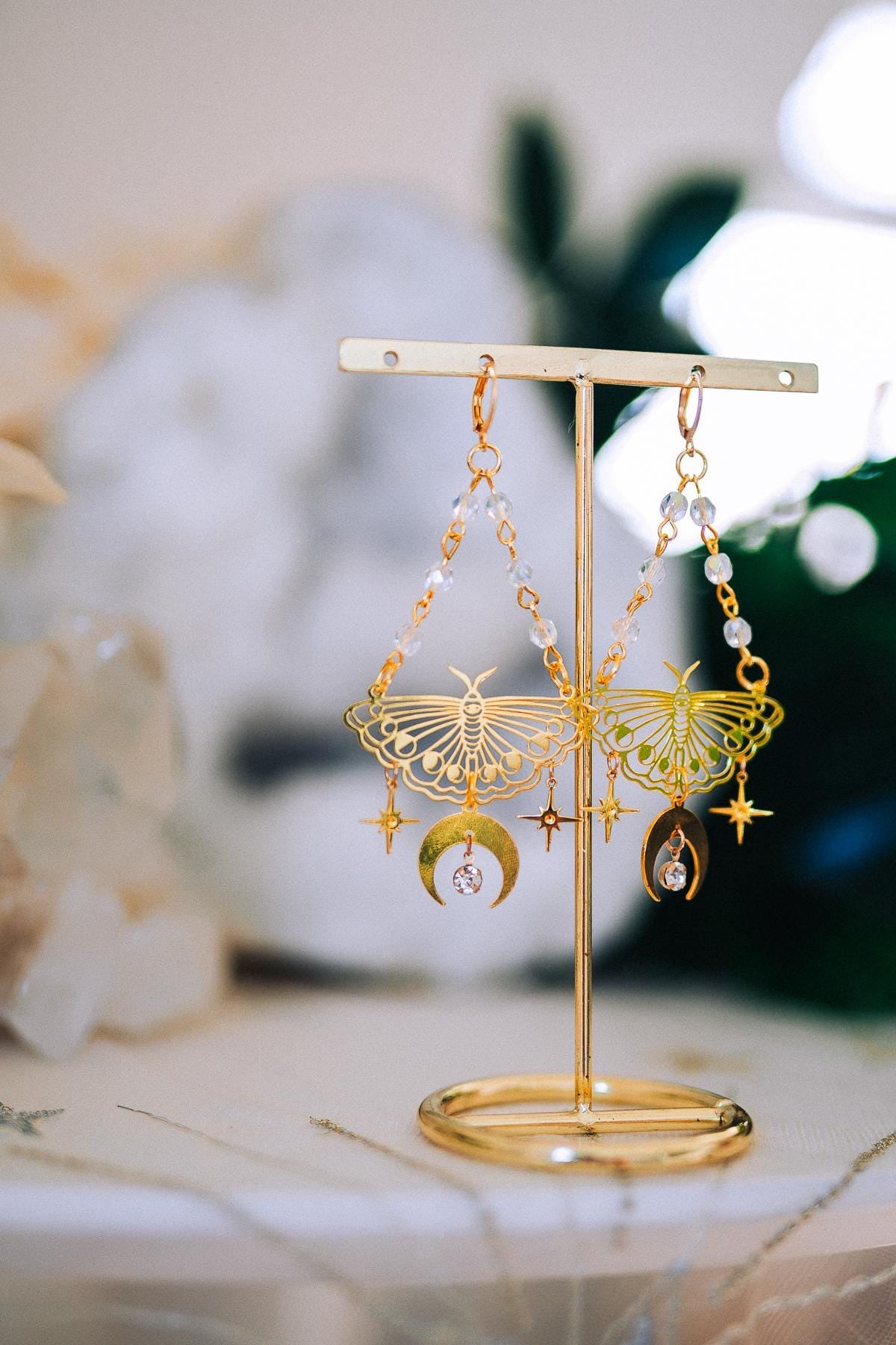 Gold Moth Earrings Celestial Moon Star Earrings Crystal Dangle Earrings Statement Jewelry