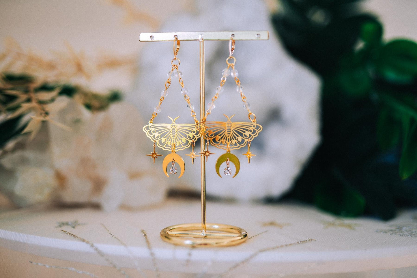 Gold Moth Earrings Celestial Moon Star Earrings Crystal Dangle Earrings Statement Jewelry