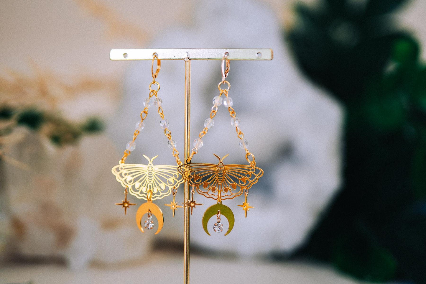 Gold Moth Earrings Celestial Moon Star Earrings Crystal Dangle Earrings Statement Jewelry