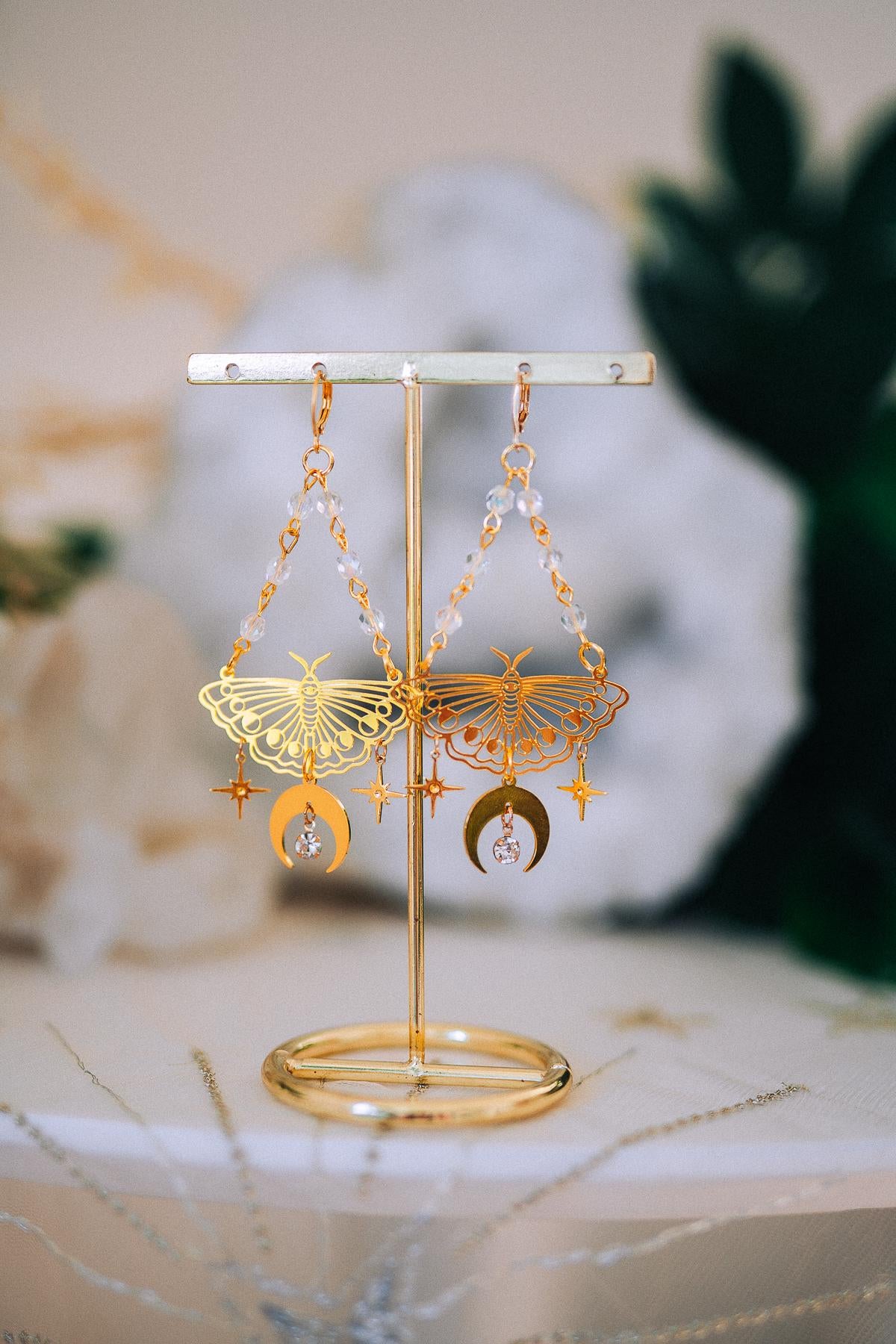 Gold Moth Earrings Celestial Moon Star Earrings Crystal Dangle Earrings Statement Jewelry