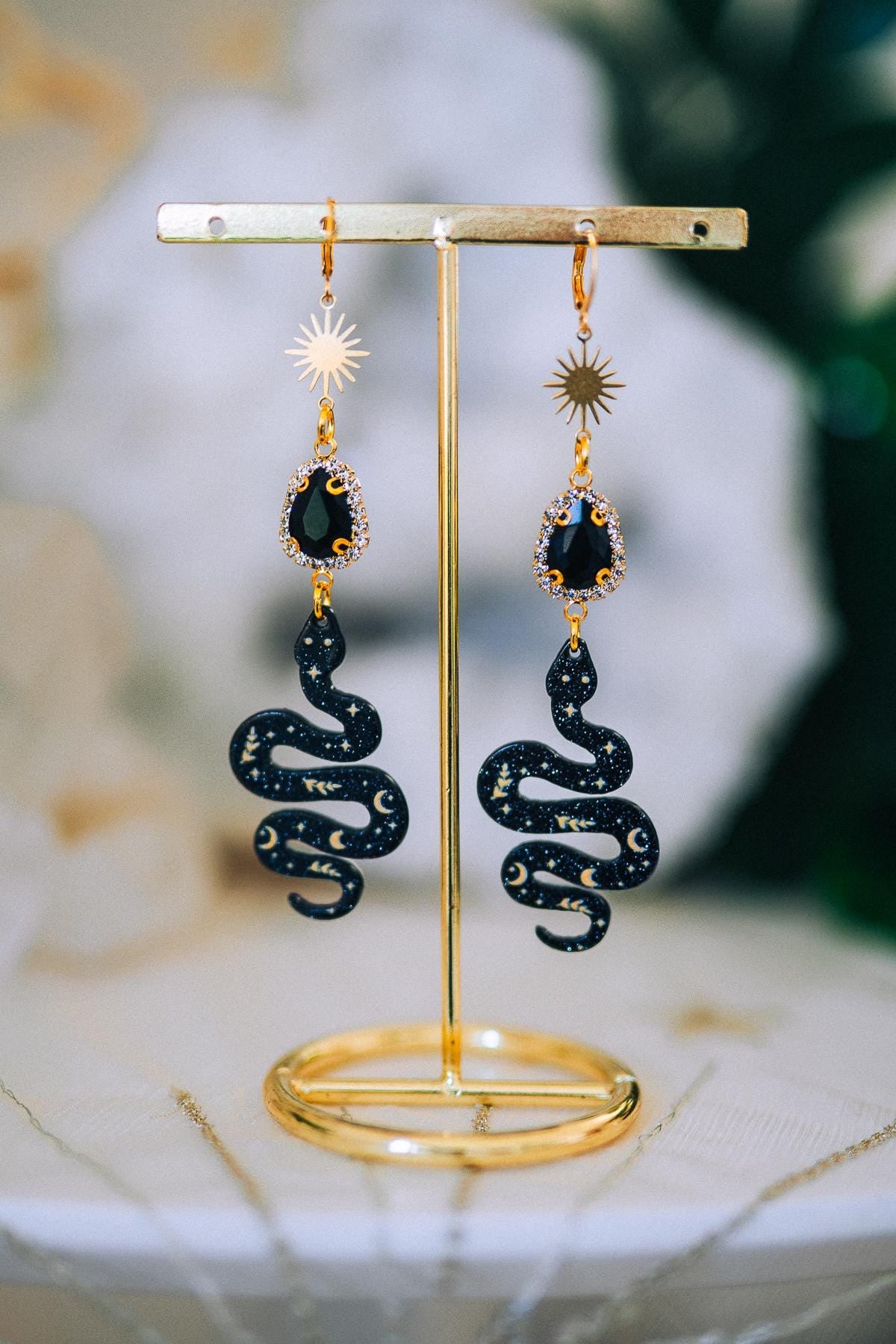 Snake Earrings Celestial Gold Earrings Black Statement Earrings Gothic Jewelry