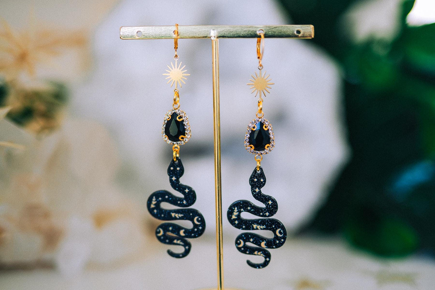 Snake Earrings Celestial Gold Earrings Black Statement Earrings Gothic Jewelry