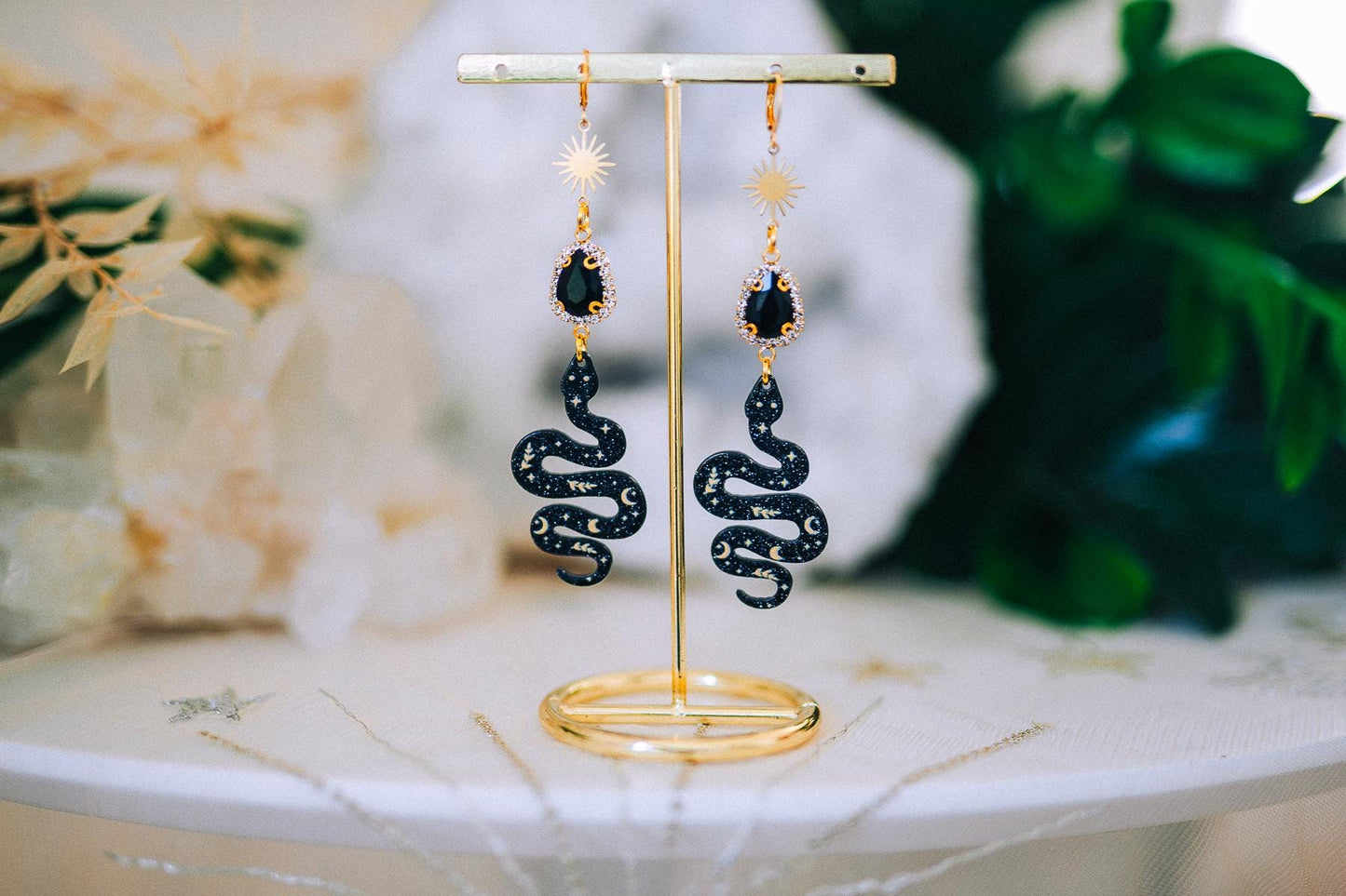 Snake Earrings Celestial Gold Earrings Black Statement Earrings Gothic Jewelry