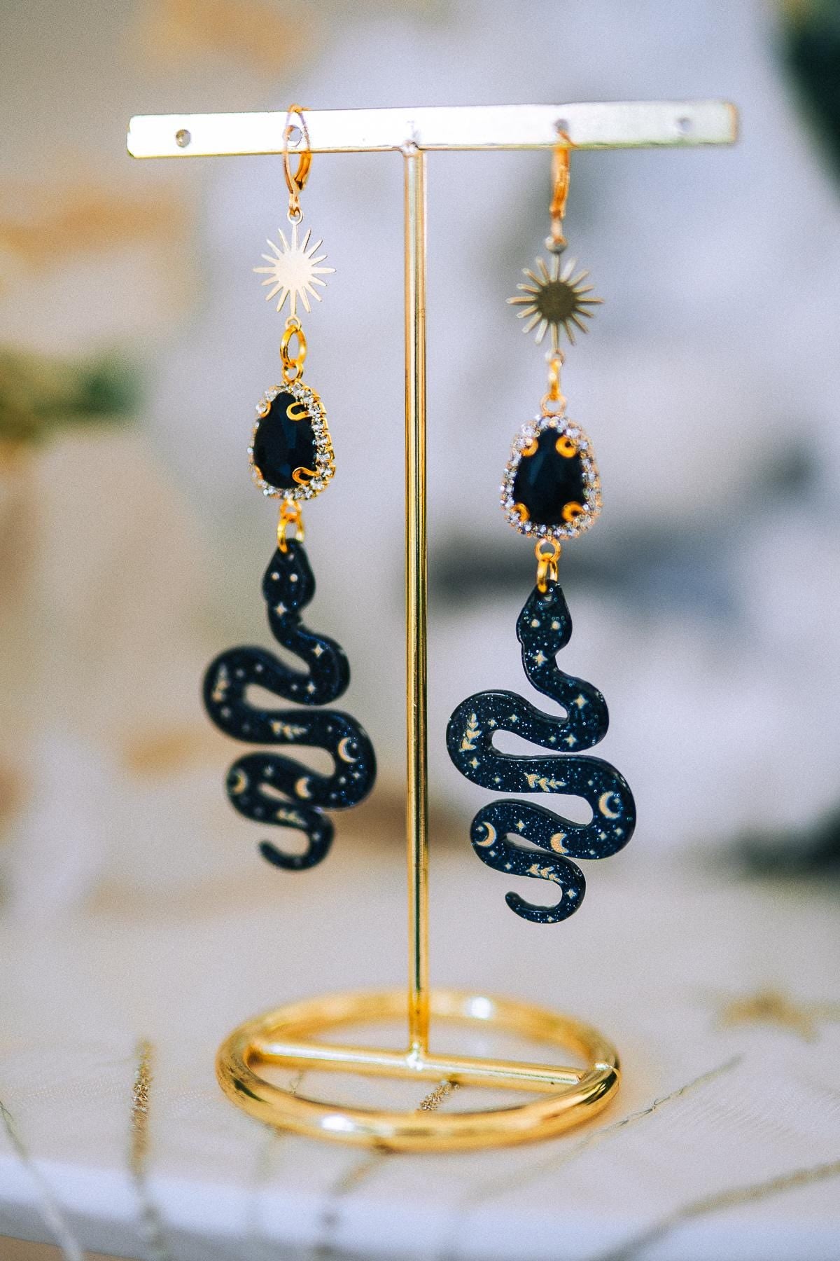 Snake Earrings Celestial Gold Earrings Black Statement Earrings Gothic Jewelry