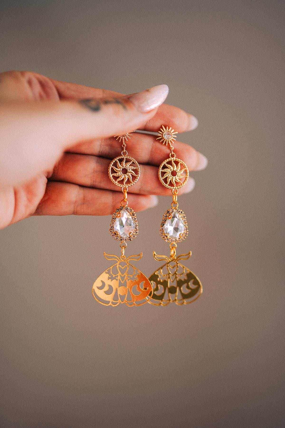 Gold Moth Earrings Crystal Drop Earrings Celestial Sun Earrings Statement Jewelry