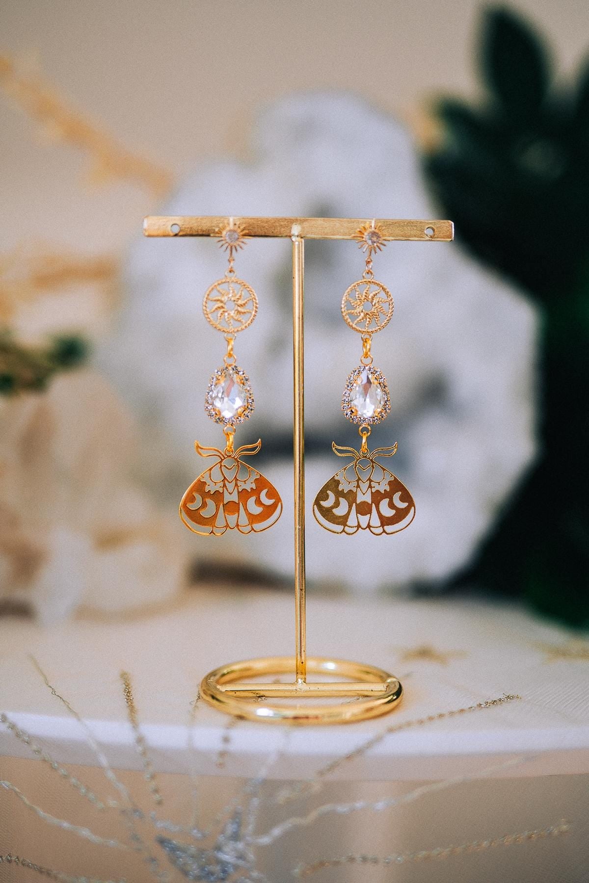 Gold Moth Earrings Crystal Drop Earrings Celestial Sun Earrings Statement Jewelry