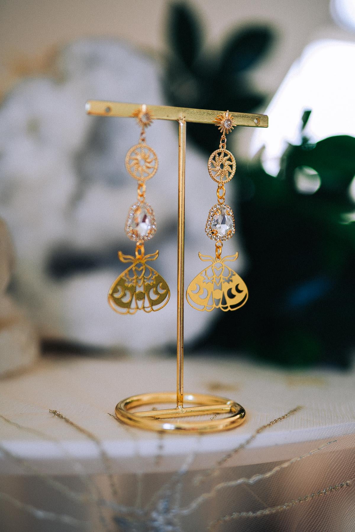 Gold Moth Earrings Crystal Drop Earrings Celestial Sun Earrings Statement Jewelry