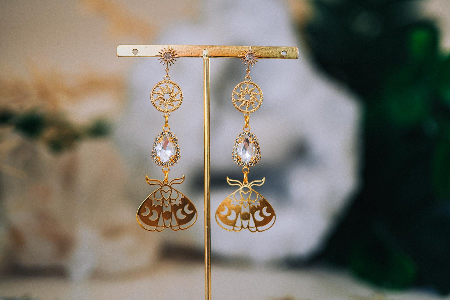 Gold Moth Earrings Crystal Drop Earrings Celestial Sun Earrings Statement Jewelry