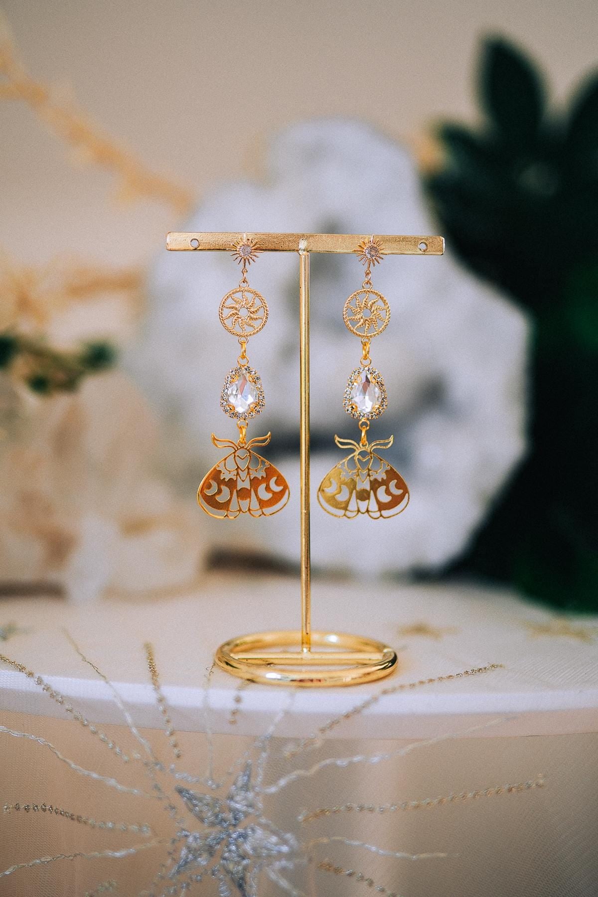 Gold Moth Earrings Crystal Drop Earrings Celestial Sun Earrings Statement Jewelry