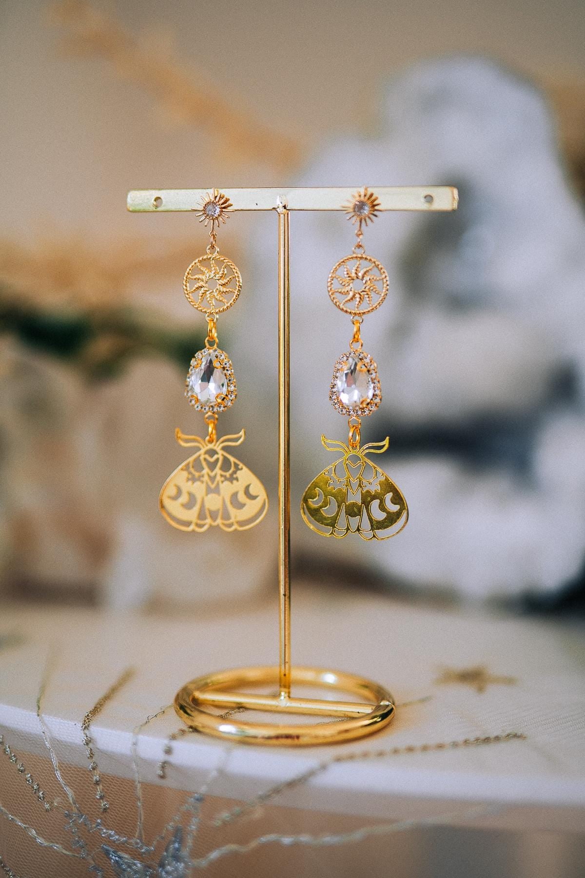 Gold Moth Earrings Crystal Drop Earrings Celestial Sun Earrings Statement Jewelry