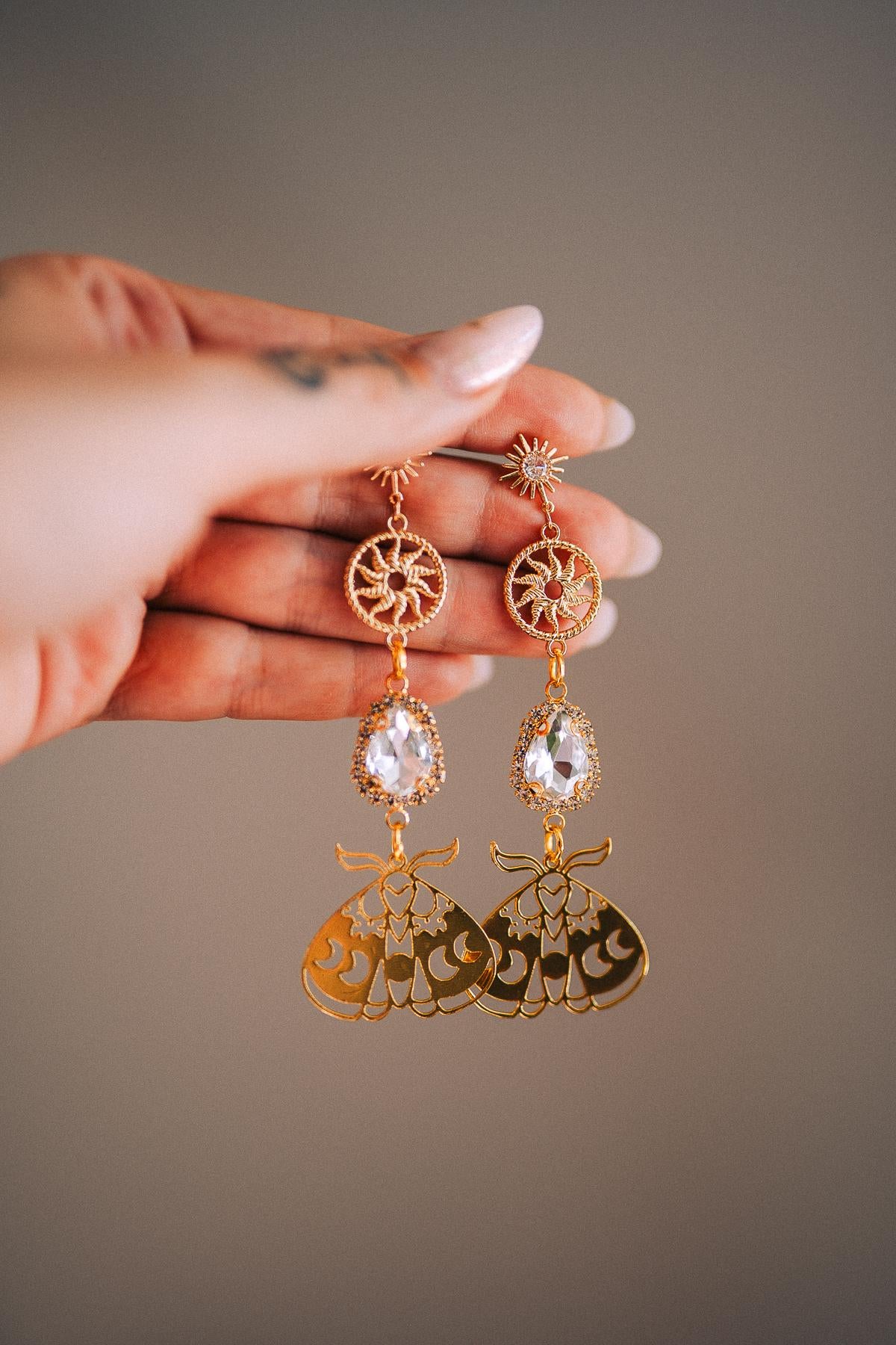 Gold Moth Earrings Crystal Drop Earrings Celestial Sun Earrings Statement Jewelry