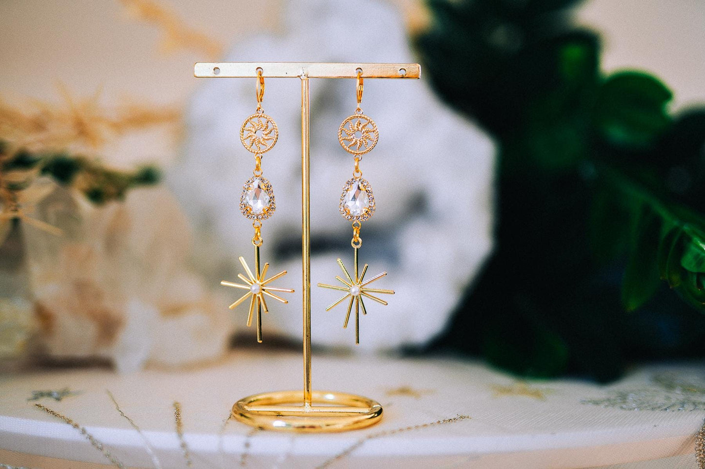 Gold Sunburst Crystal Drop Earrings – Celestial Bridal Statement Jewelry