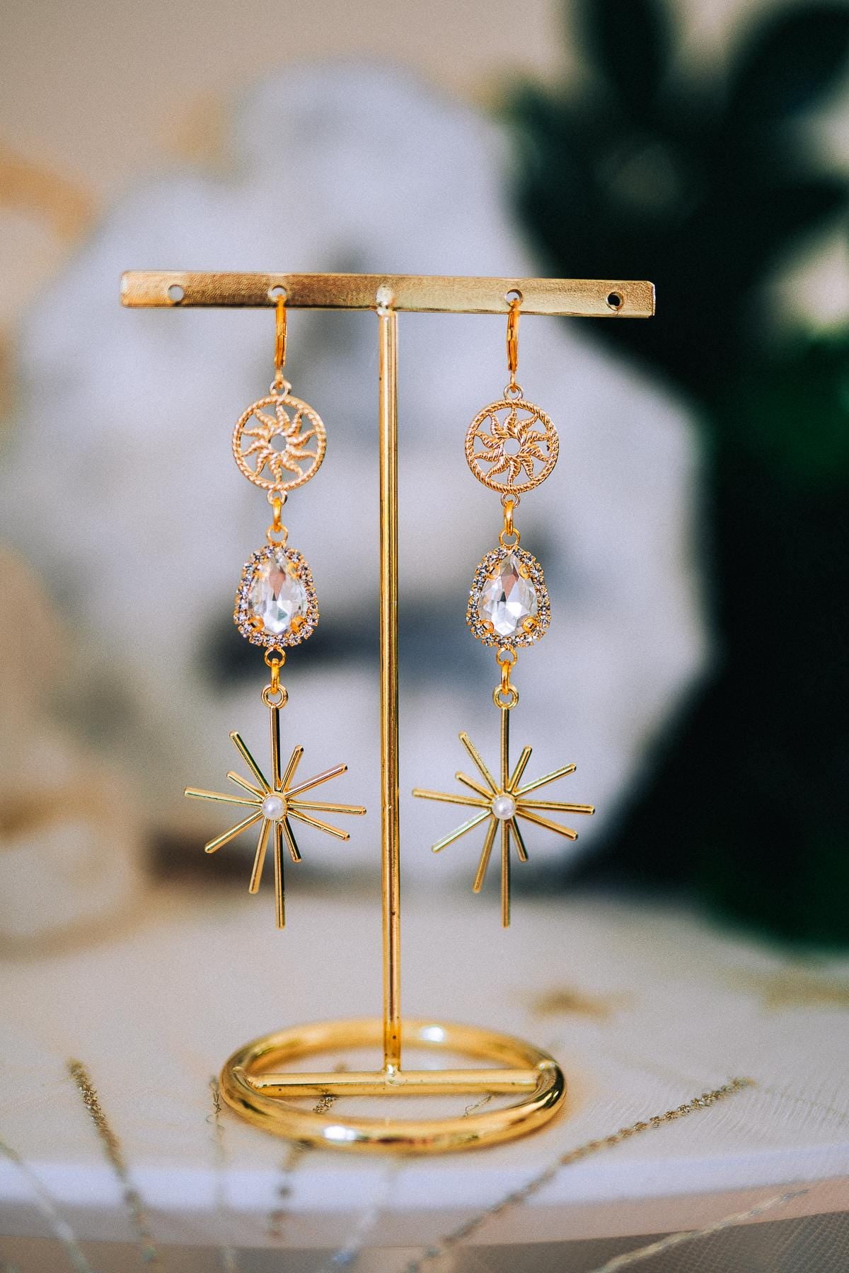 Gold Sunburst Crystal Drop Earrings – Celestial Bridal Statement Jewelry