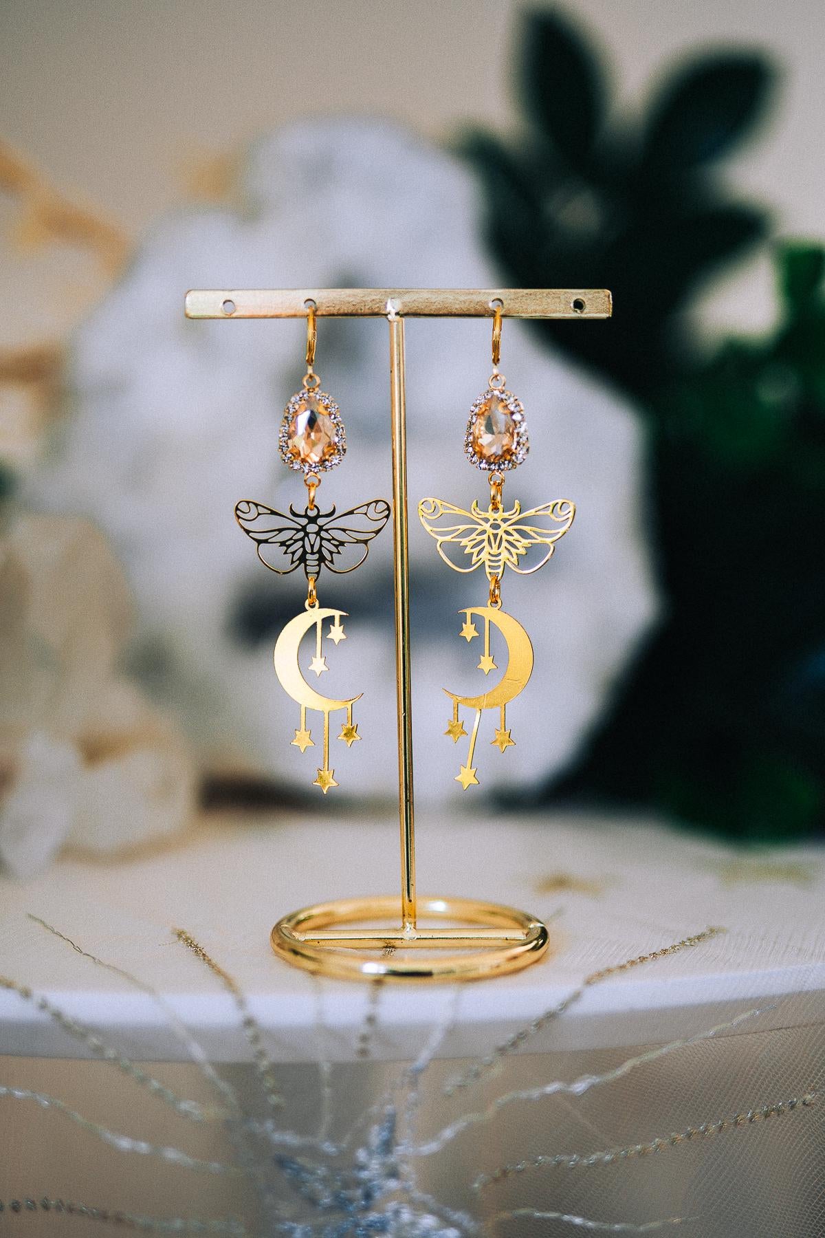 Moon Star Earrings Gold Moth Earrings Celestial Crystal Drop Earrings Statement Jewelry