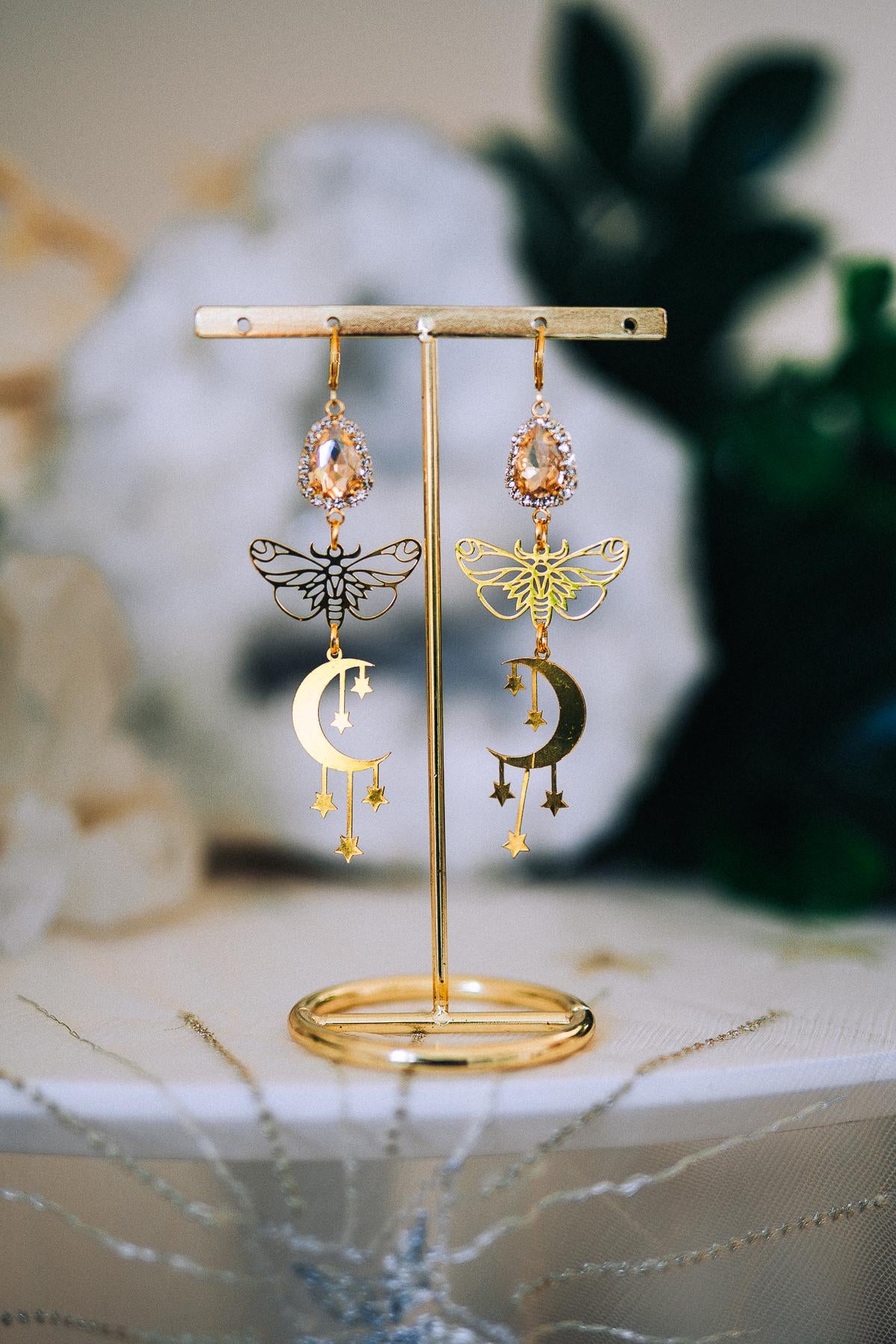 Moon Star Earrings Gold Moth Earrings Celestial Crystal Drop Earrings Statement Jewelry