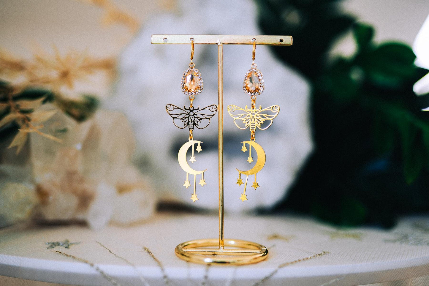 Moon Star Earrings Gold Moth Earrings Celestial Crystal Drop Earrings Statement Jewelry