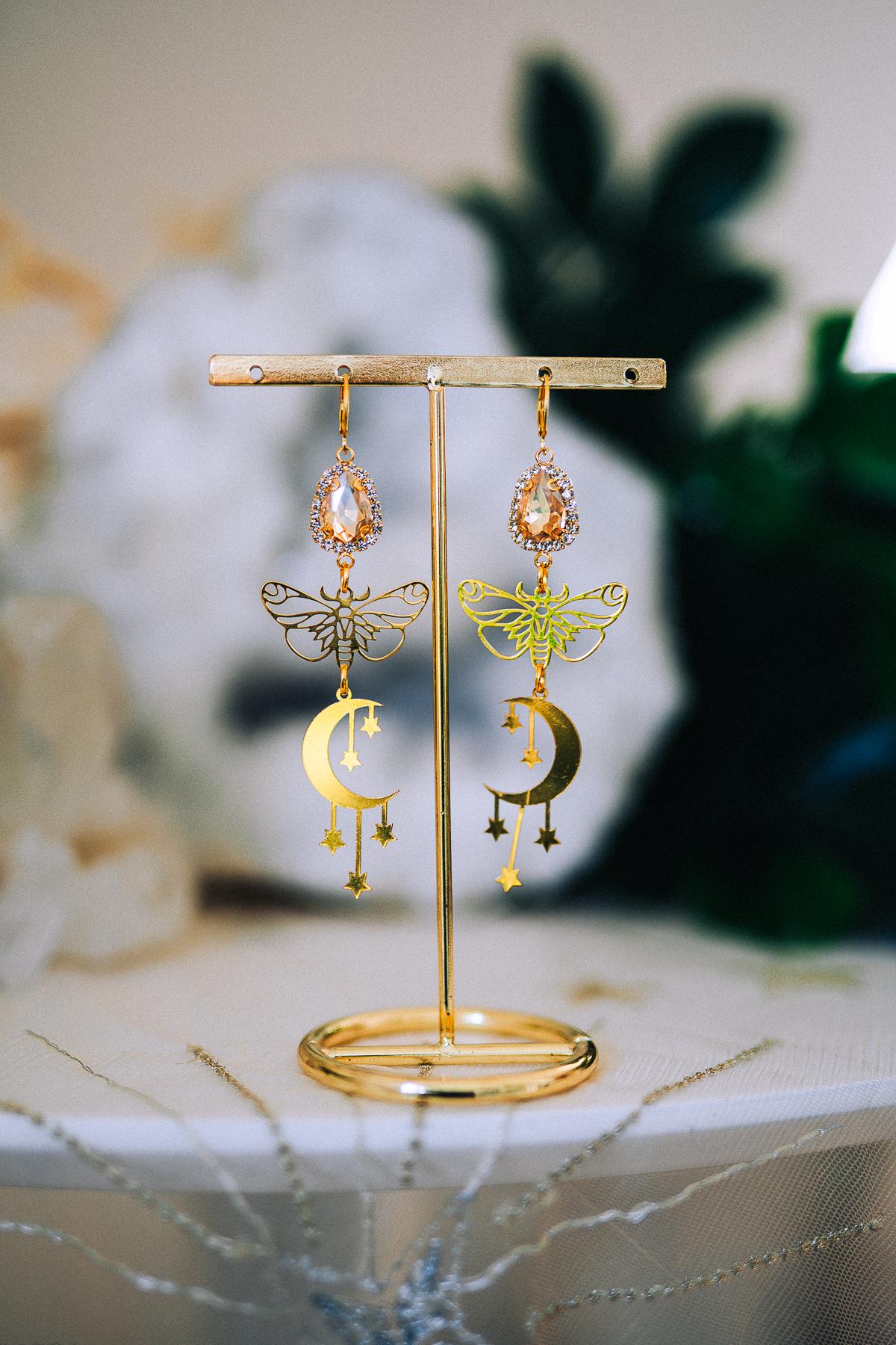 Moon Star Earrings Gold Moth Earrings Celestial Crystal Drop Earrings Statement Jewelry