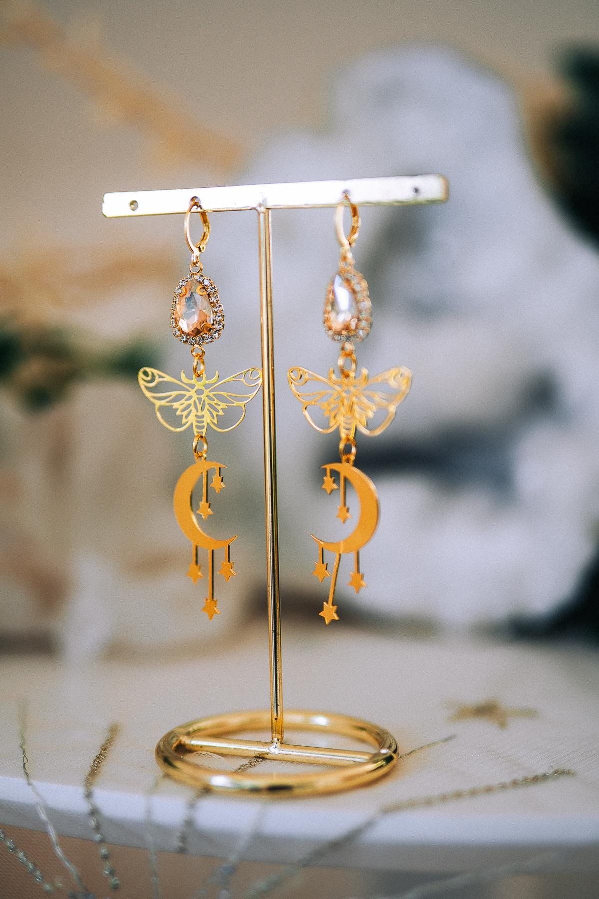 Moon Star Earrings Gold Moth Earrings Celestial Crystal Drop Earrings Statement Jewelry