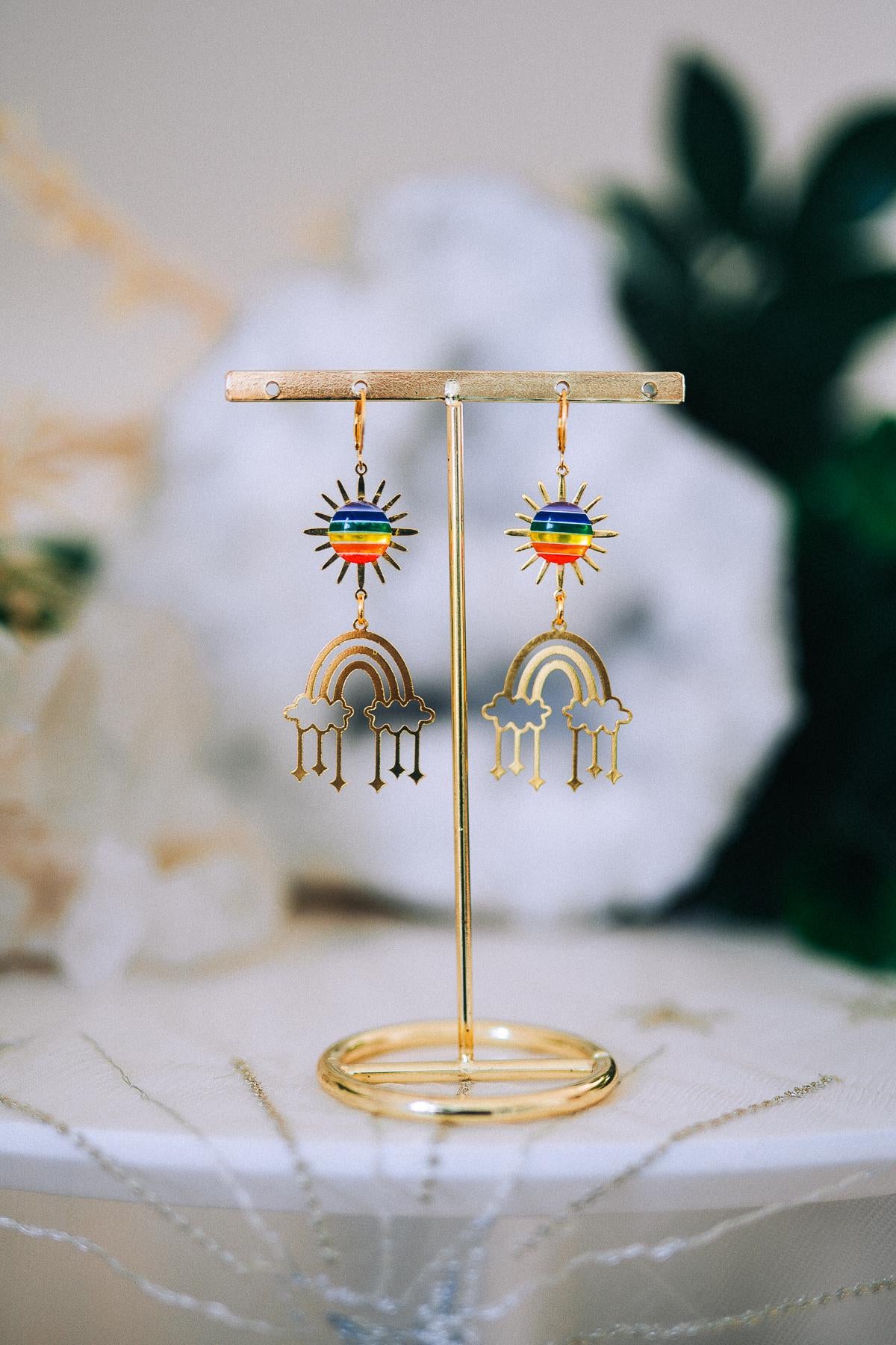 Rainbow Sun Earrings Colorful Festival Earrings Gold Rainbow Earrings Statement Jewelry