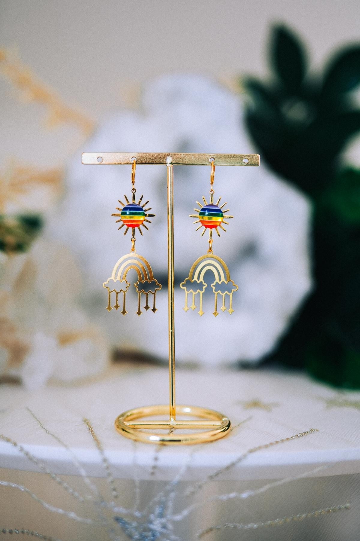 Rainbow Sun Earrings Colorful Festival Earrings Gold Rainbow Earrings Statement Jewelry