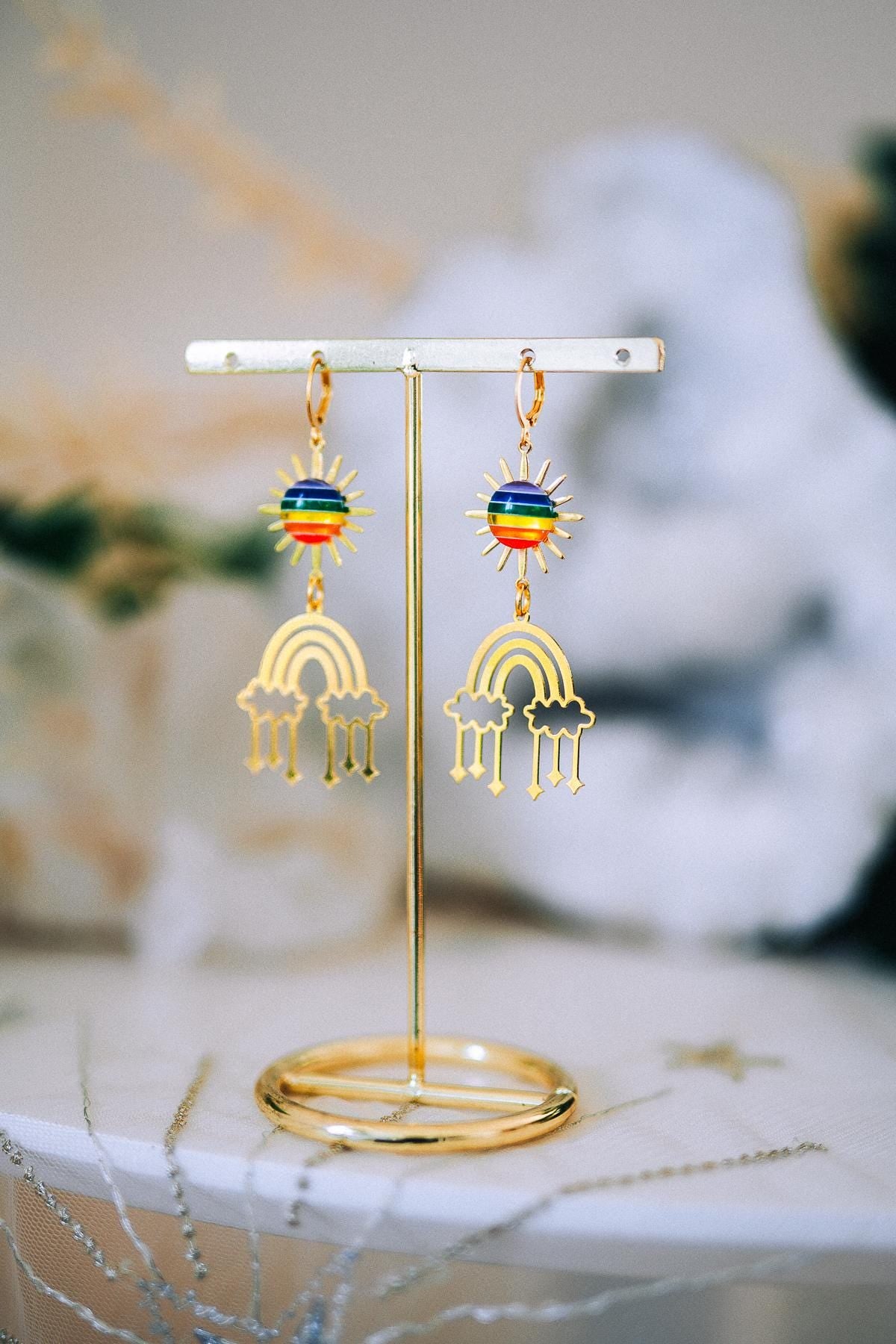 Rainbow Sun Earrings Colorful Festival Earrings Gold Rainbow Earrings Statement Jewelry