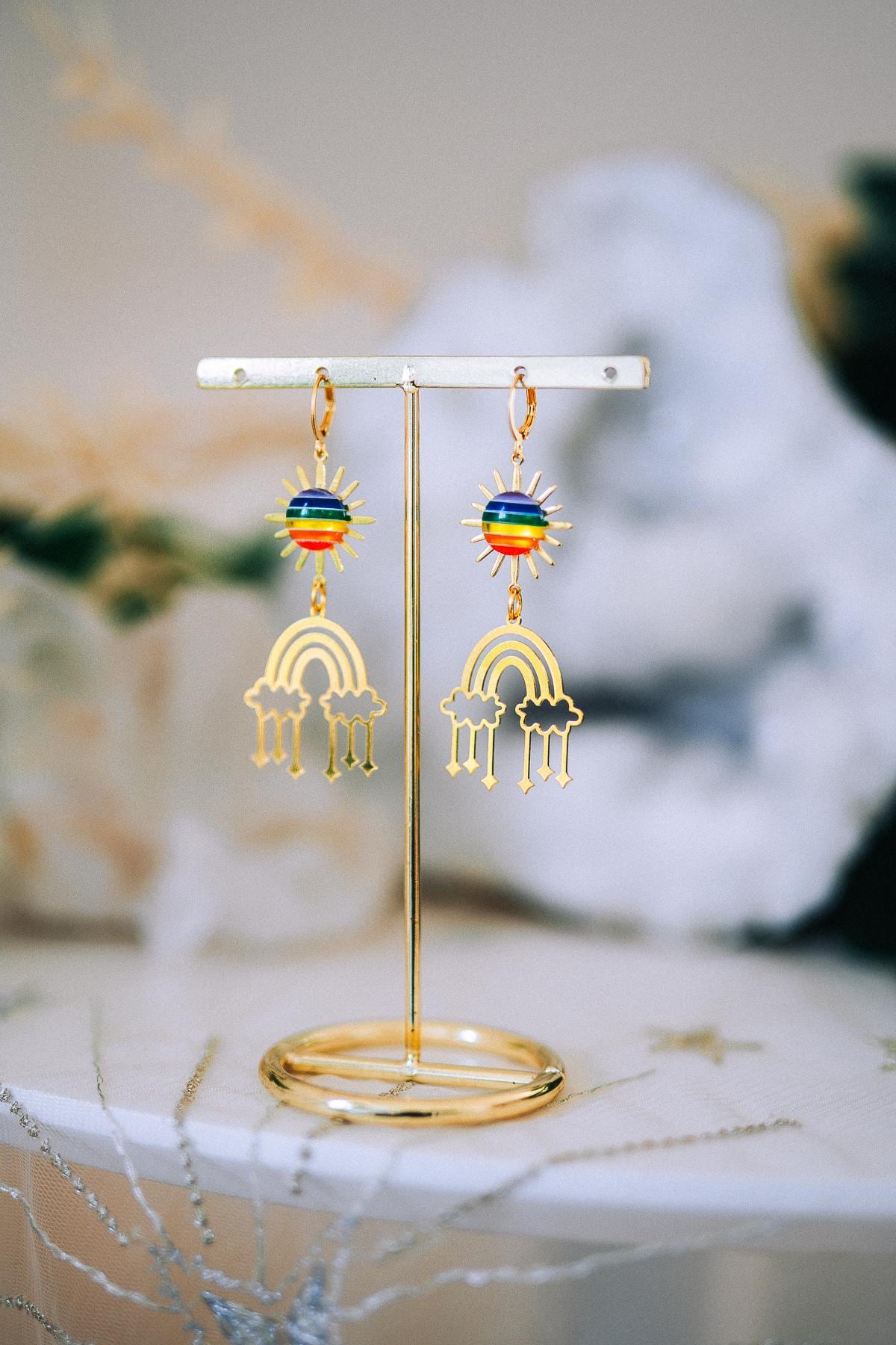 Rainbow Sun Earrings Colorful Festival Earrings Gold Rainbow Earrings Statement Jewelry