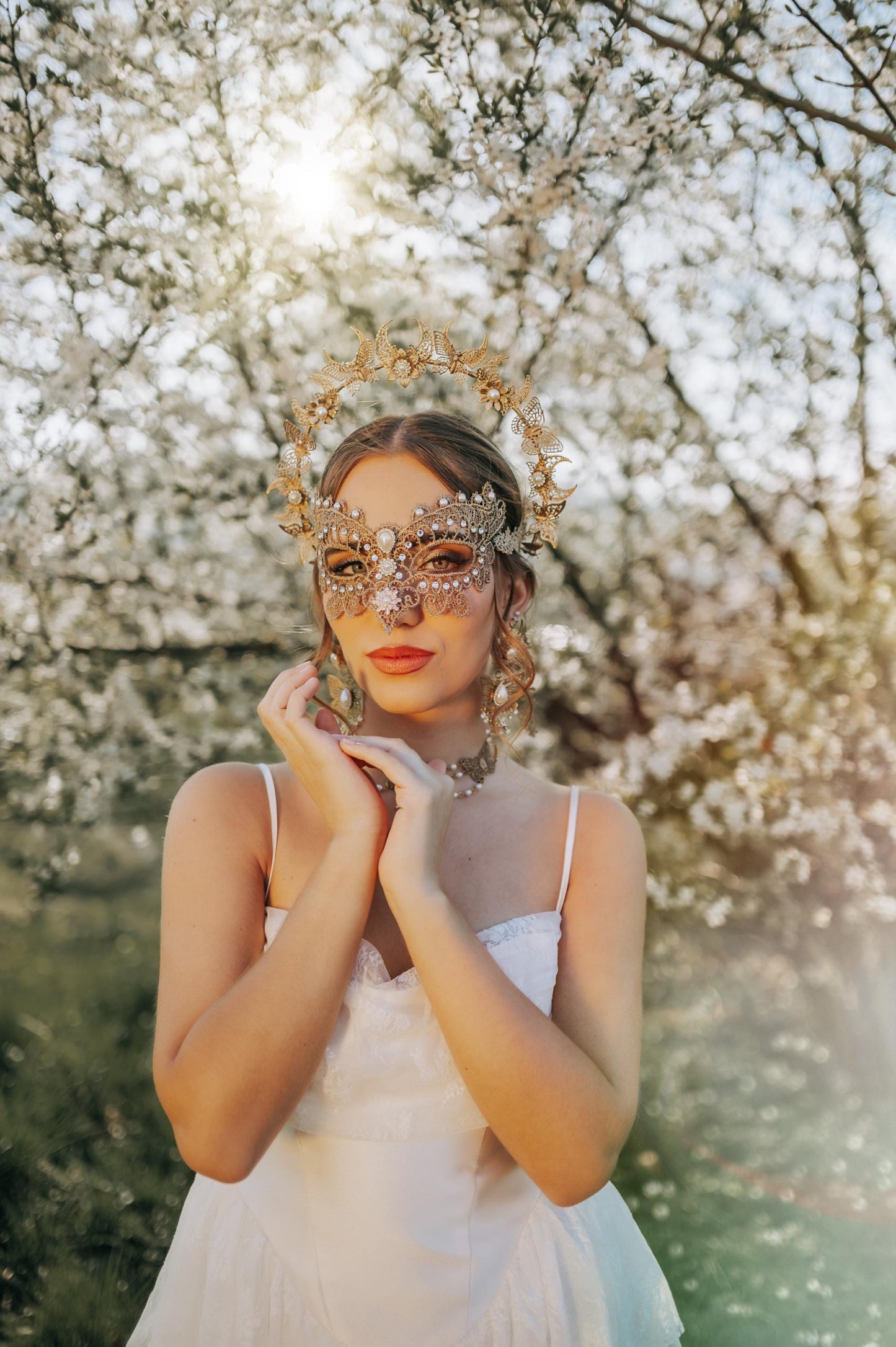 Bridal Halo Crown Gold Pearl Wedding Headpiece