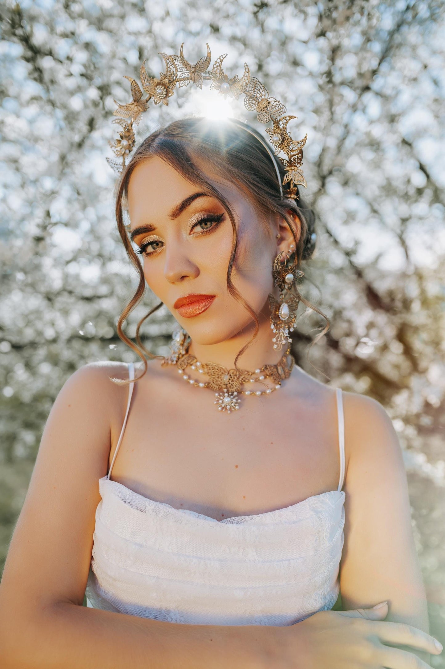 Bridal Halo Crown Gold Pearl Wedding Headpiece