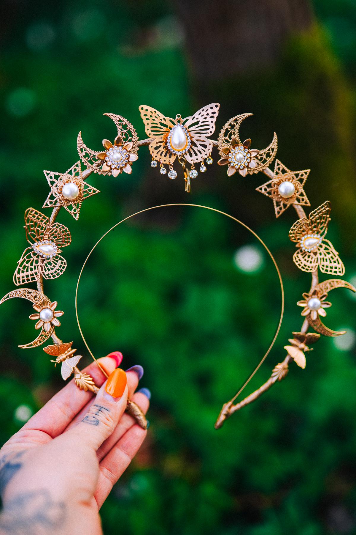 Gold Celestial Halo Crown Moon Star Butterfly Headpiece Bridal Goddess Crown