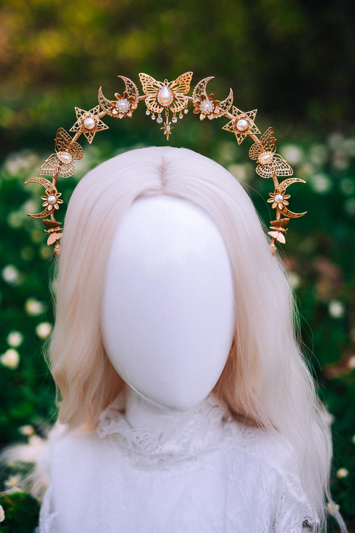 Gold Celestial Halo Crown Moon Star Butterfly Headpiece Bridal Goddess Crown