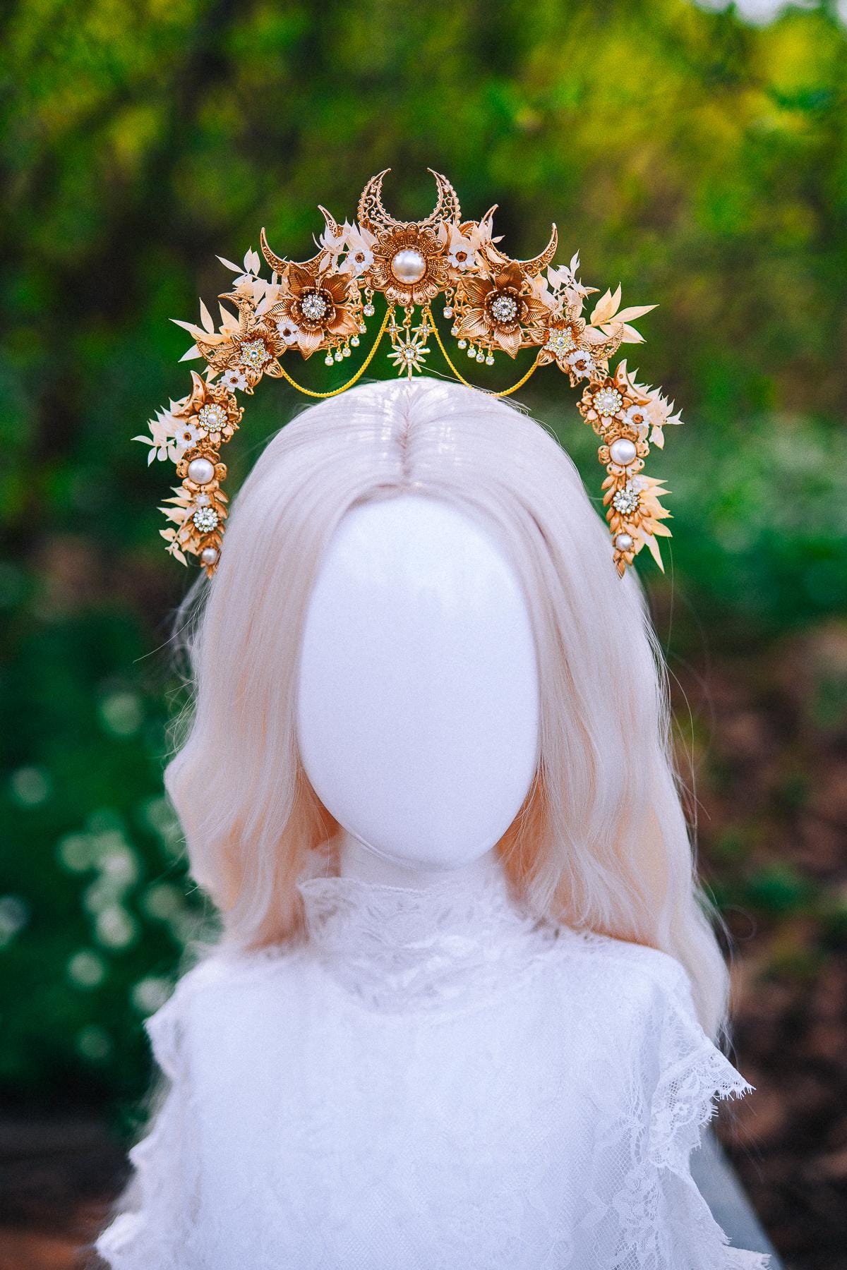 Gold Floral Halo Crown Moon Bridal Headpiece Boho Wedding Goddess Crown