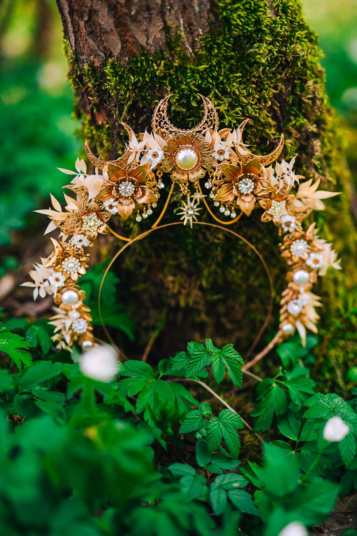Gold Floral Halo Crown Moon Bridal Headpiece Boho Wedding Goddess Crown
