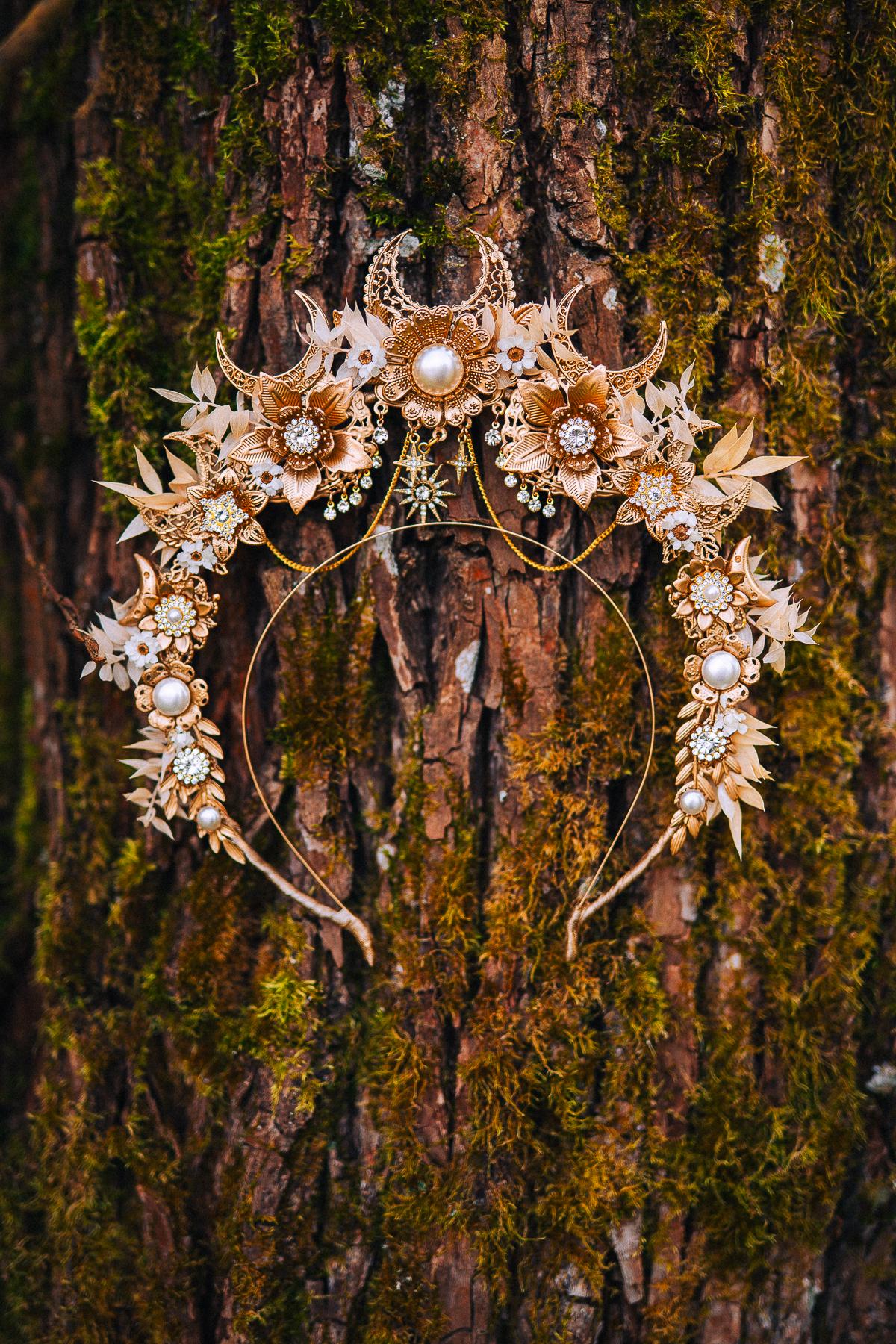 Gold Floral Halo Crown Moon Bridal Headpiece Boho Wedding Goddess Crown