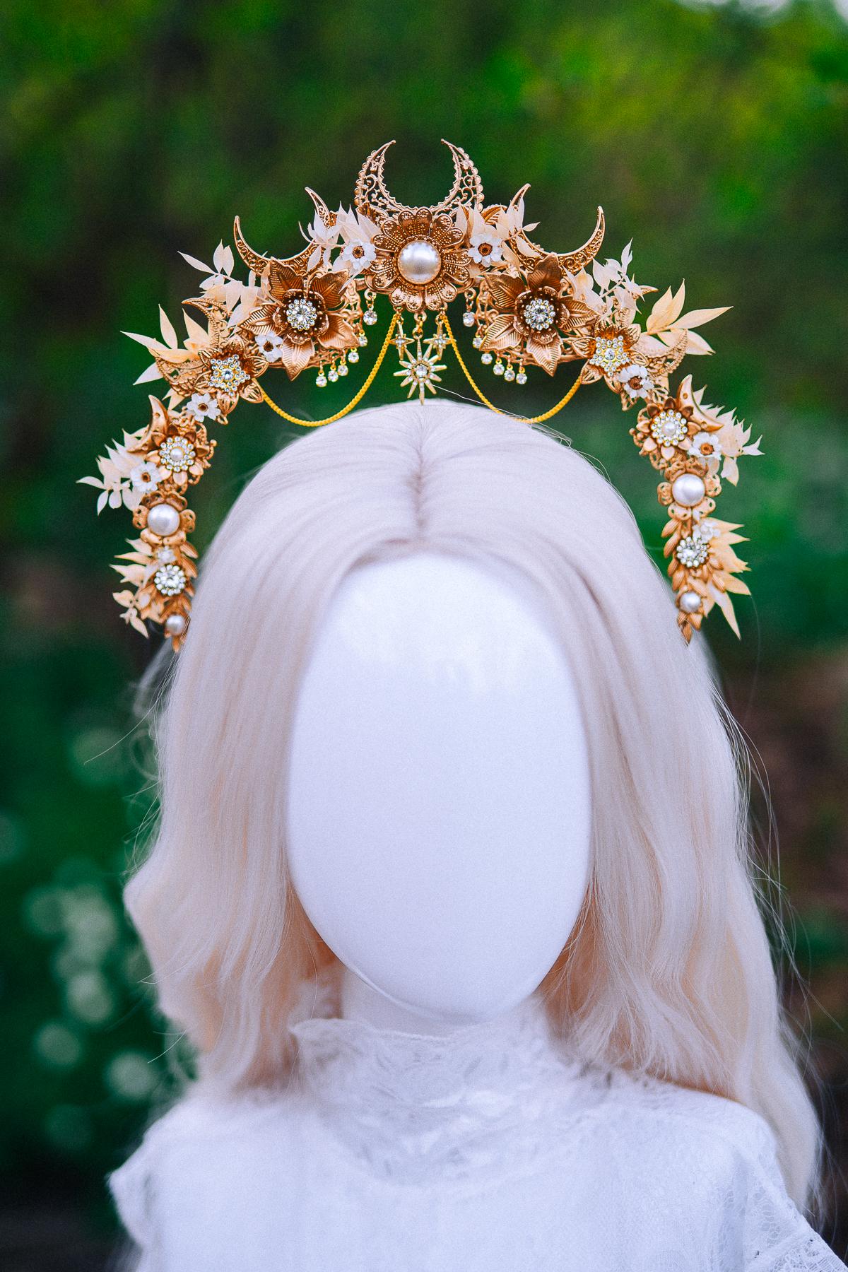 Gold Floral Halo Crown Moon Bridal Headpiece Boho Wedding Goddess Crown