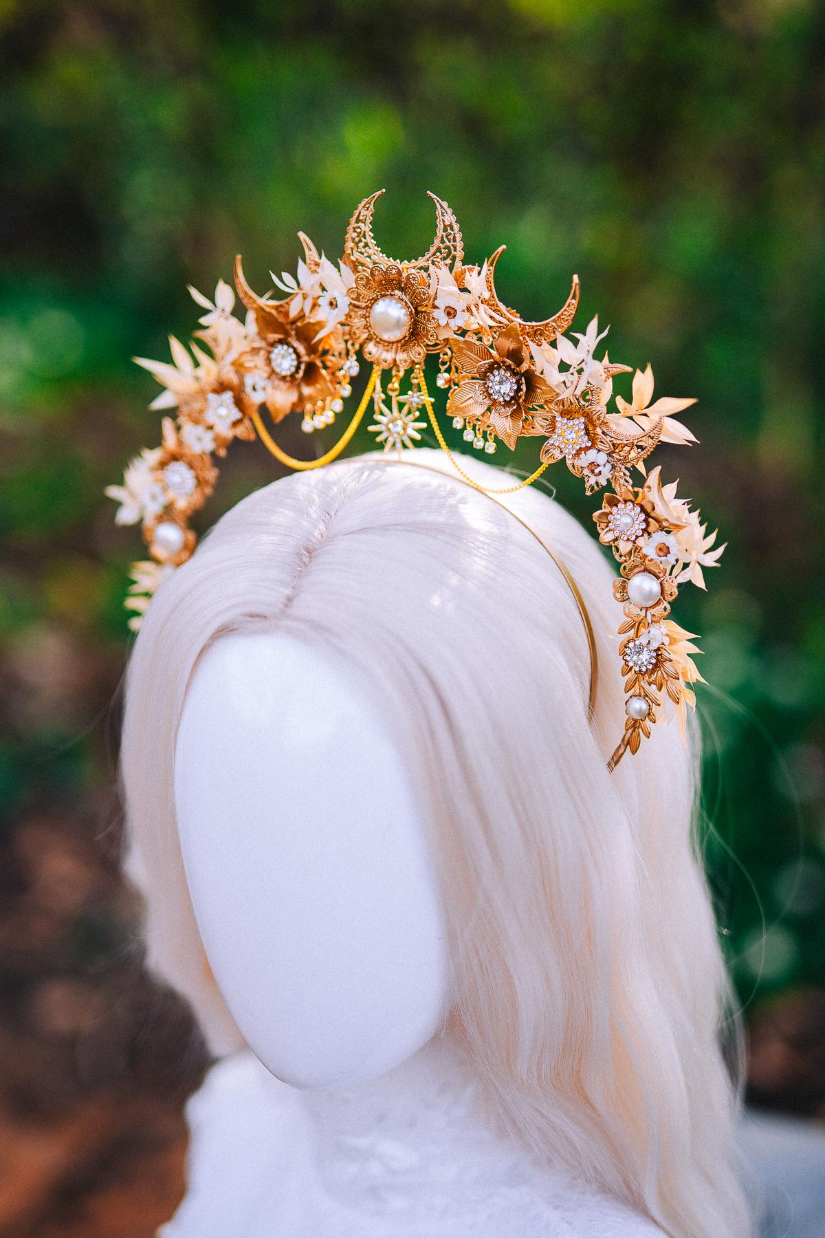 Gold Floral Halo Crown Moon Bridal Headpiece Boho Wedding Goddess Crown