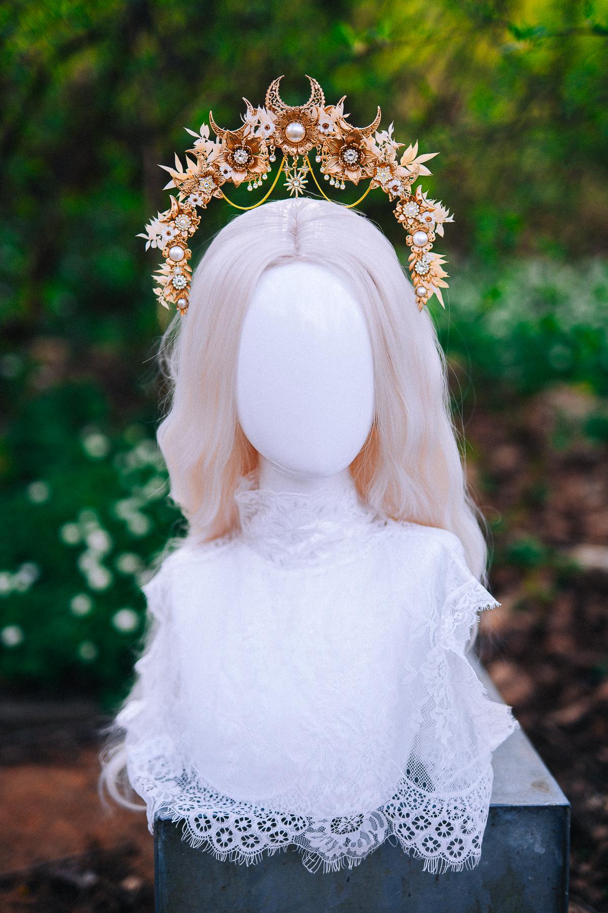 Gold Floral Halo Crown Moon Bridal Headpiece Boho Wedding Goddess Crown