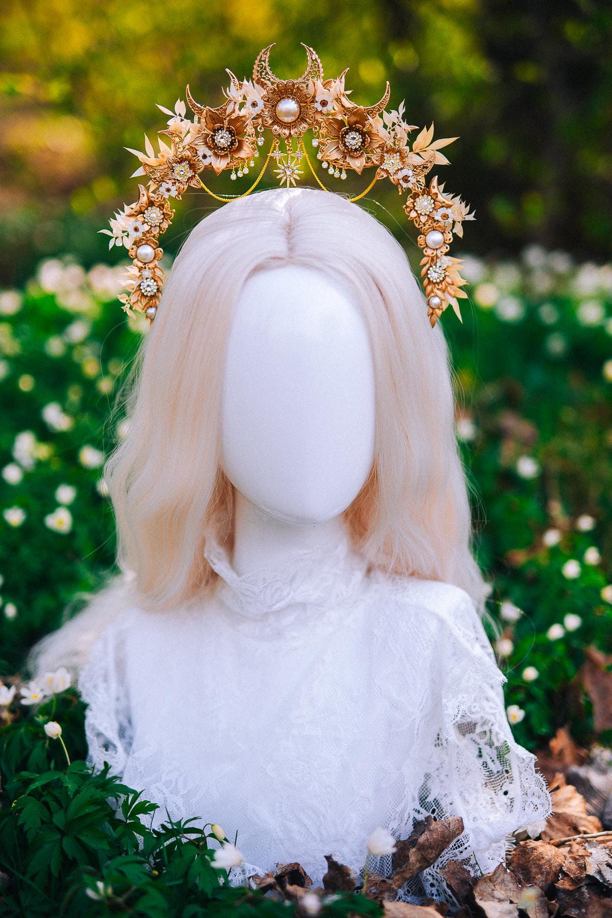 Gold Floral Halo Crown Moon Bridal Headpiece Boho Wedding Goddess Crown