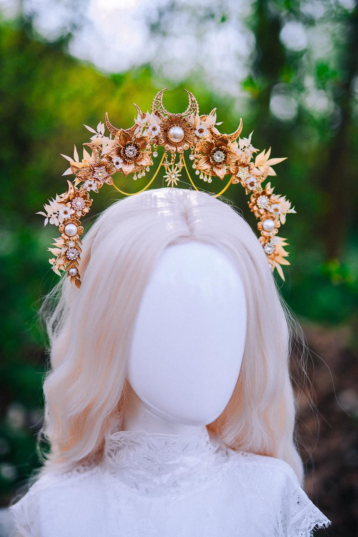 Gold Floral Halo Crown Moon Bridal Headpiece Boho Wedding Goddess Crown