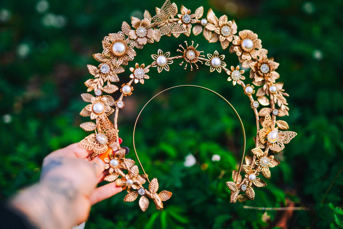 Gold Double Halo Crown Floral Bridal Headpiece Boho Goddess Wedding Crown