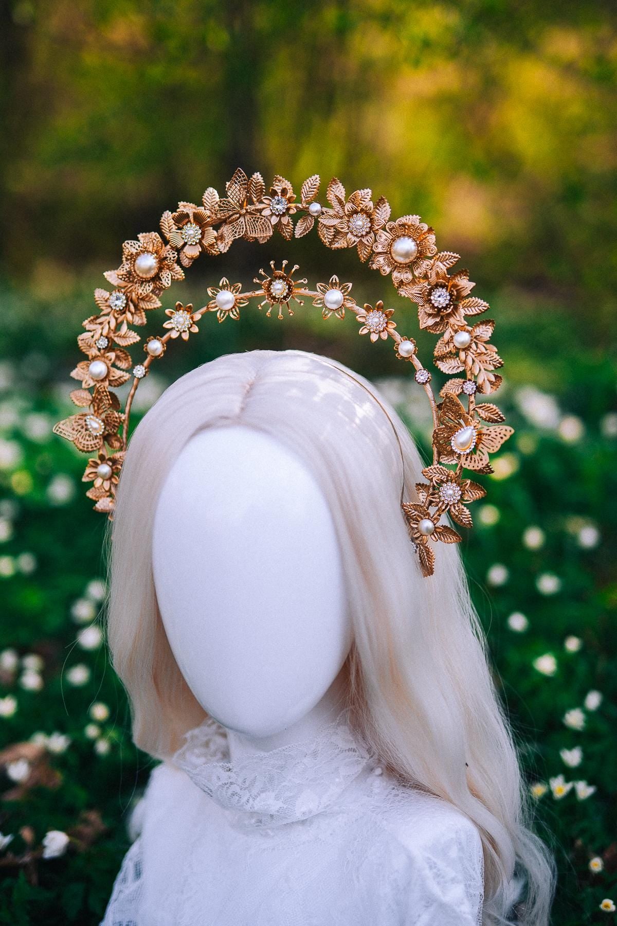 Gold Double Halo Crown Floral Bridal Headpiece Boho Goddess Wedding Crown