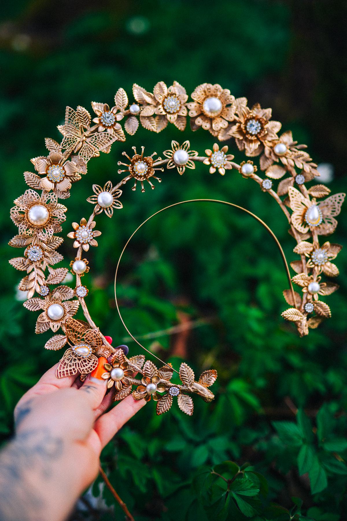 Gold Double Halo Crown Floral Bridal Headpiece Boho Goddess Wedding Crown