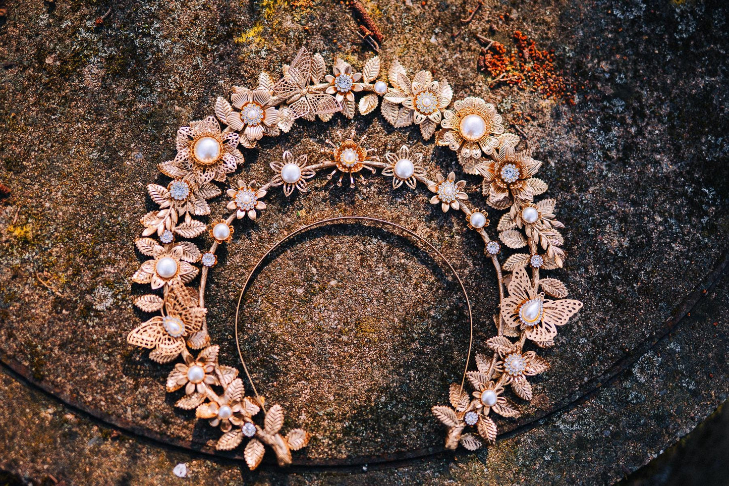 Gold Double Halo Crown Floral Bridal Headpiece Boho Goddess Wedding Crown