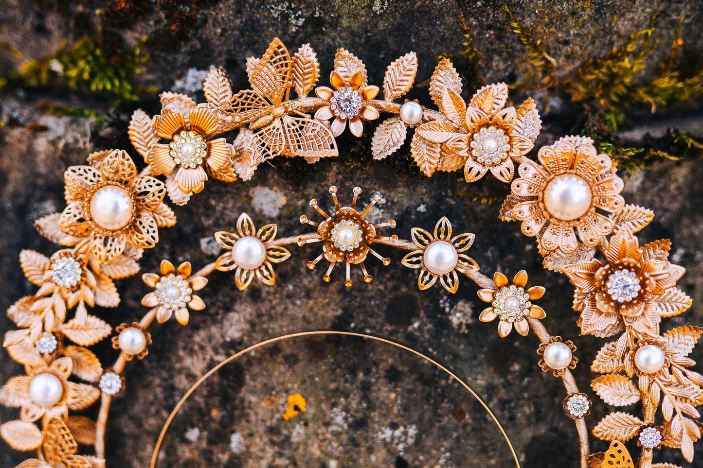 Gold Double Halo Crown Floral Bridal Headpiece Boho Goddess Wedding Crown